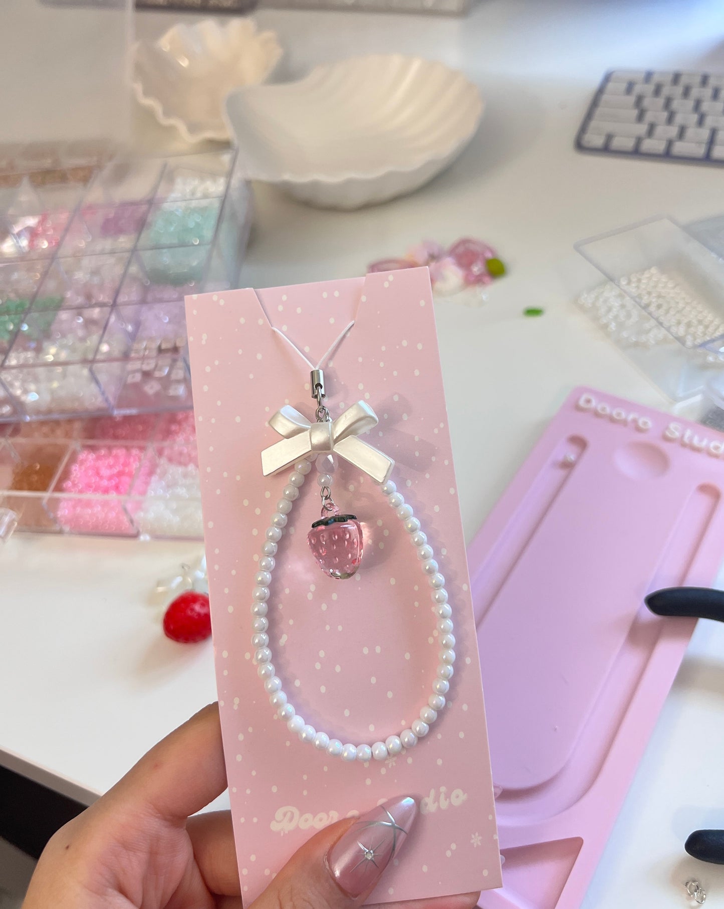 Pink Strawberry Phone Charm