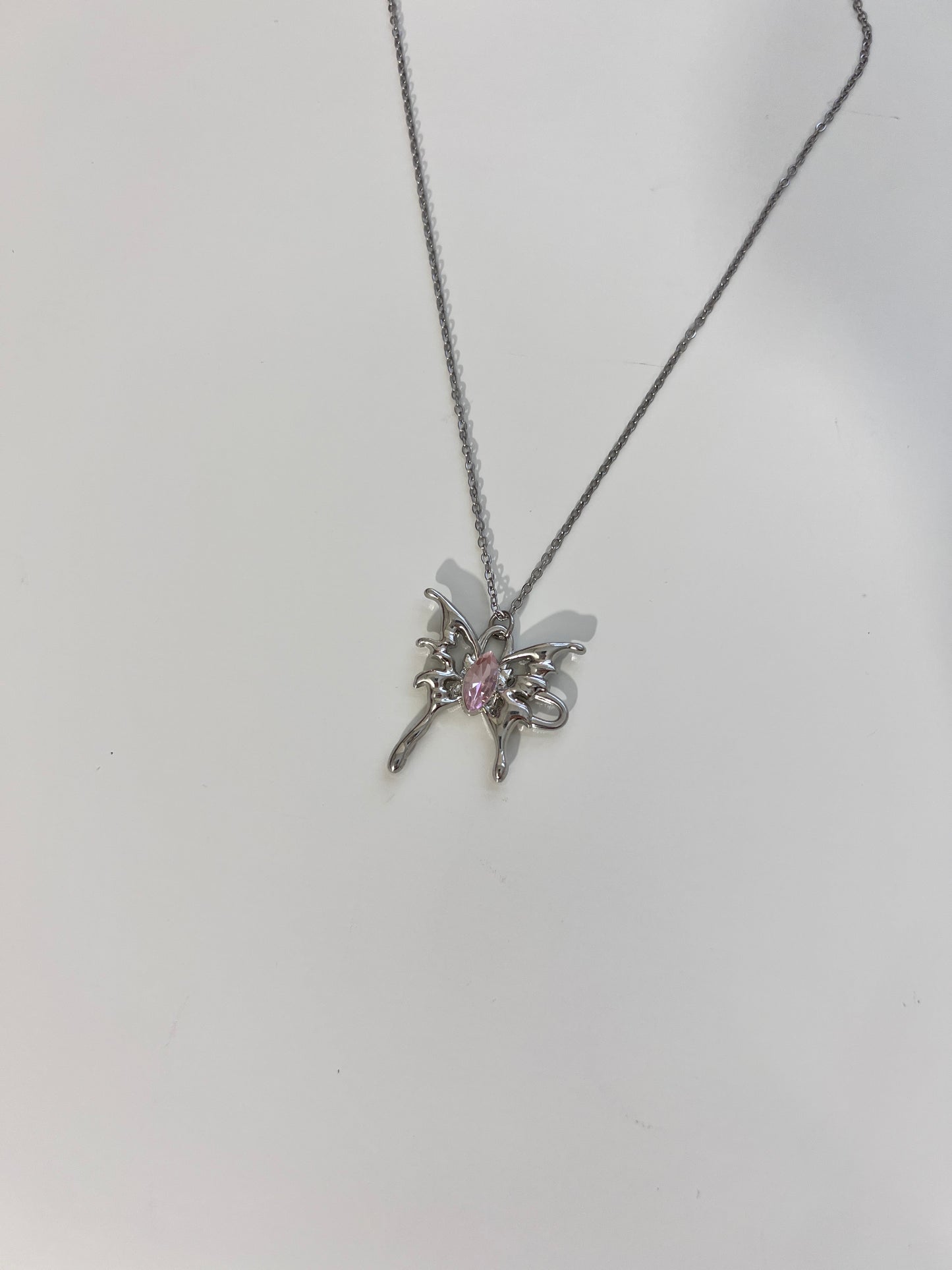 Pink Gem Butterfly Pendent Necklace