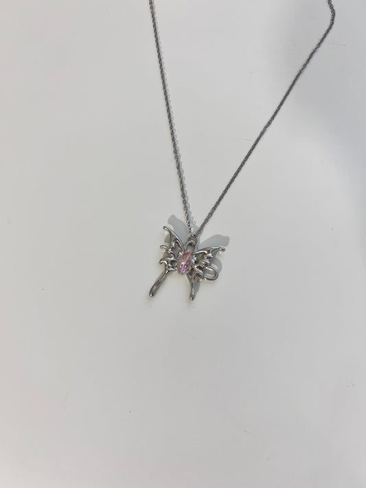 Pink Gem Butterfly Pendent Necklace