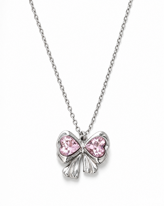 Double Heart Bow Tie Pendent Necklace